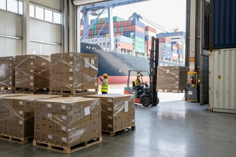 Conditionnement et export Saporina — cartons palettisés chargés par chariot élévateur sur un porte-conteneurs