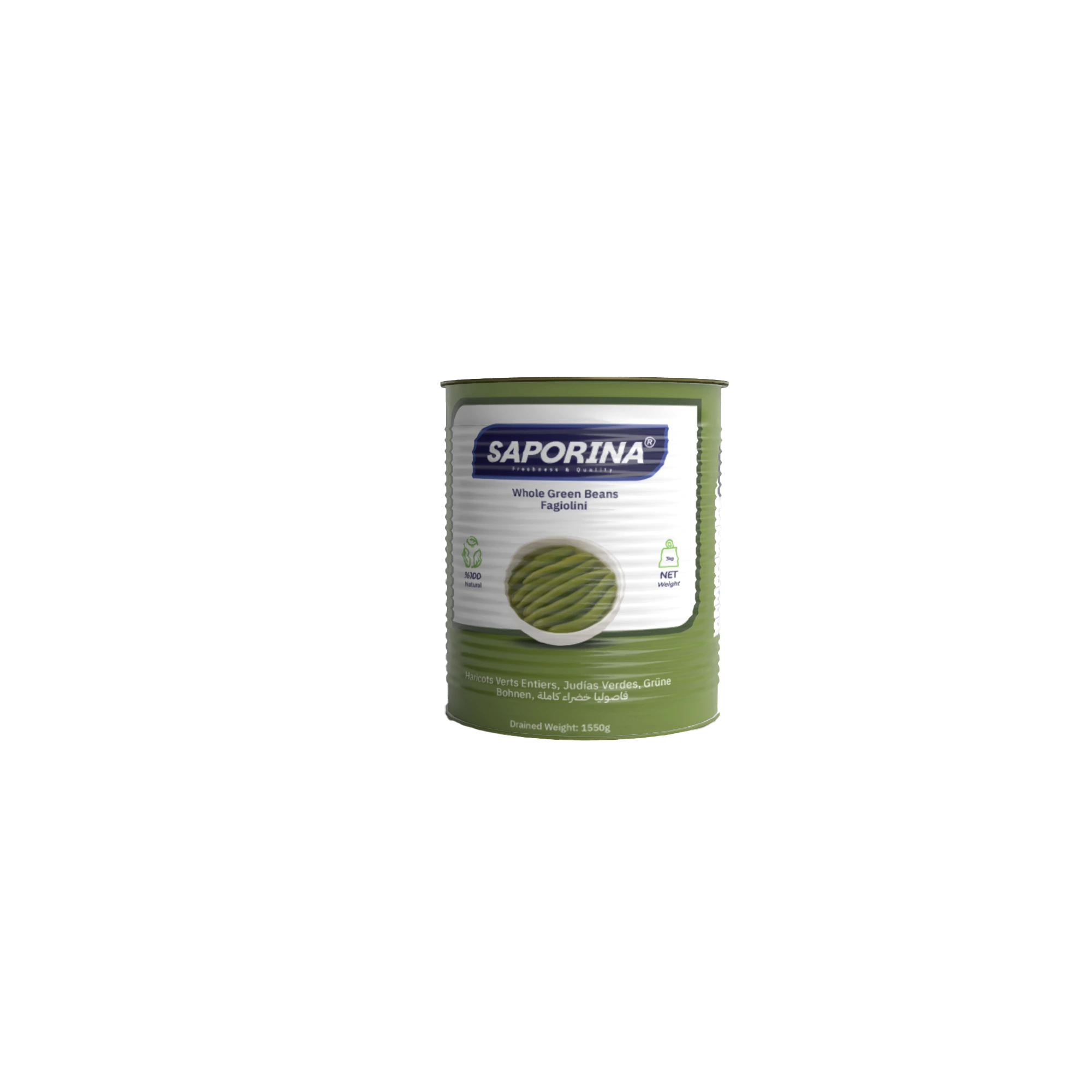 Haricots verts entiers Saporina en conserve — boîte métal A10 (3 Kg) pour la restauration