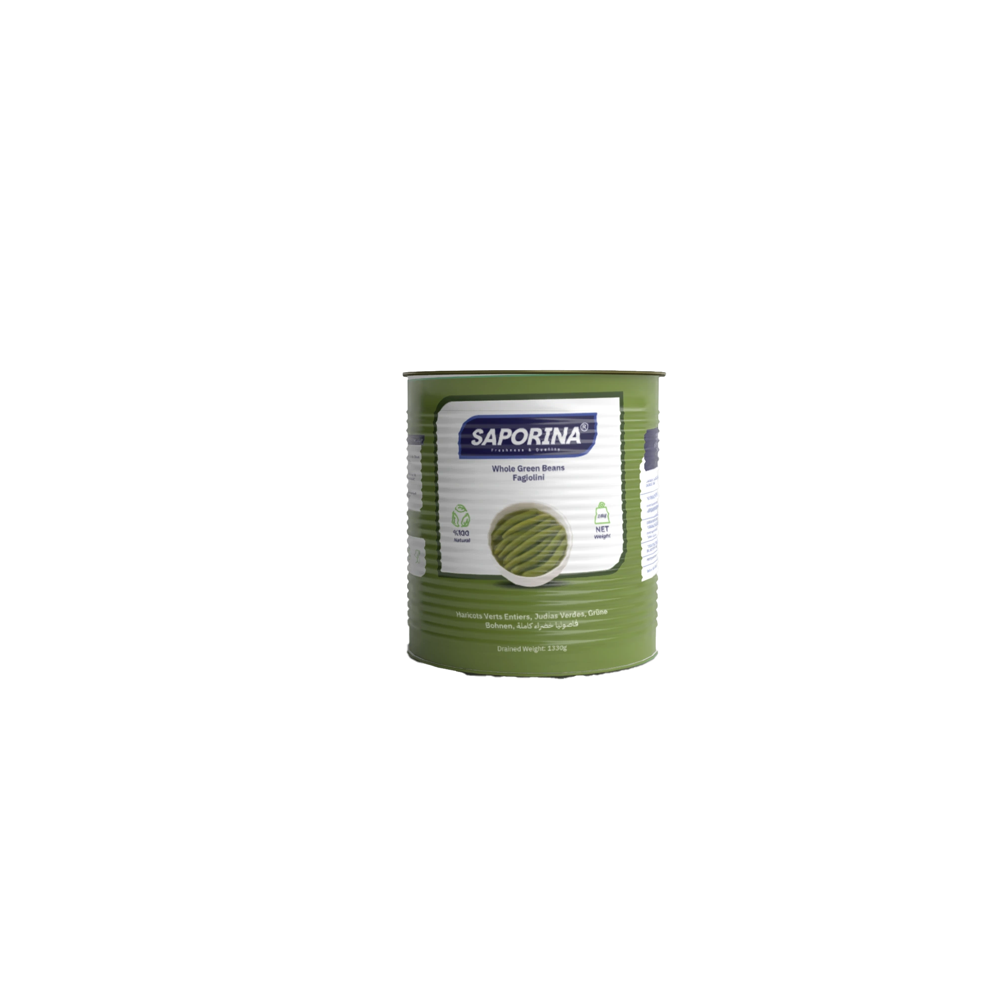 Haricots verts entiers Saporina en conserve — boîte métal A8 (2,5 Kg) pour la restauration